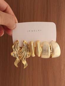 6-18pcs Stylish Water Drop & Leaf C-Shape Geometric Textured Earrings, Suitable For Party, Banquet, Travel, Wedding, Holiday, Daily Wear, Jewelry Gift - Gold - View 6