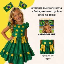 Brazilian-Themed Children's Dress For June Festivals And The World Cup, With Flag Appliqué And Bows. - 綠色 - 查看 5