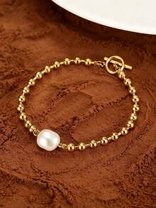 MONALLY 18K Gold Plated Stainless Steel Baroque Pearl Beaded Bracelet For Women, OT Toggle Clasp Waterproof Tarnish Resistant Dainty Bead Chain Bracelet, Minimalist Everyday Jewelry Gift For Her For Anniversary Birthday Gift - Pearl Bracelet - View 3