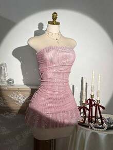 Vestido de verano con volantes con lentejuelas y sin tirantes para mujer - Azul marino - Ver 11