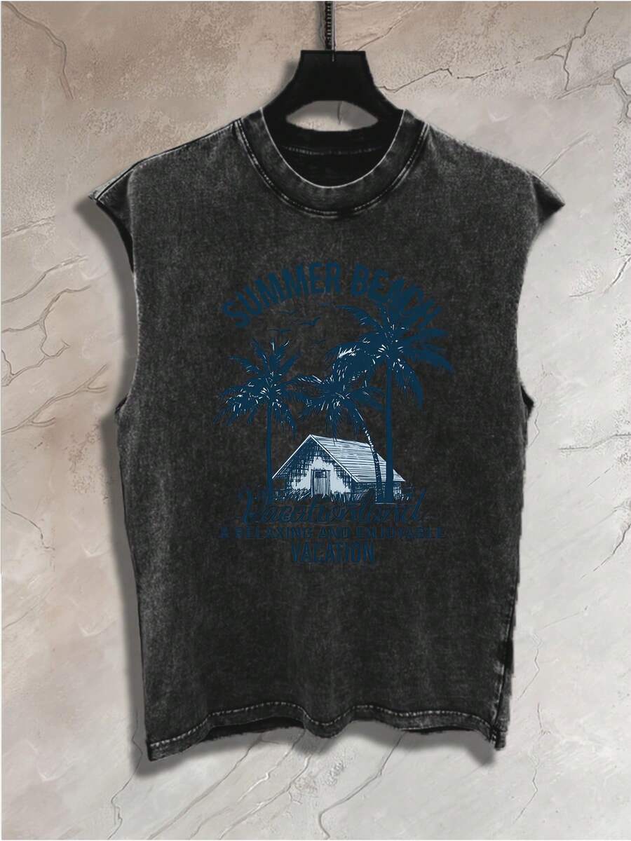 Summer Beach Coconut Trees This Printed, High-Street Style, Washed And Distressed Printed Vest Is Perfect For Outdoor Activities Like Fishing, Sports, Leisure, And Fitness. A Beach Essential. Weighing 8.11 Oz, It's Machine Washable And A Casual - Men's Everyday Gym Workout Tops - màu đen - Xem 1