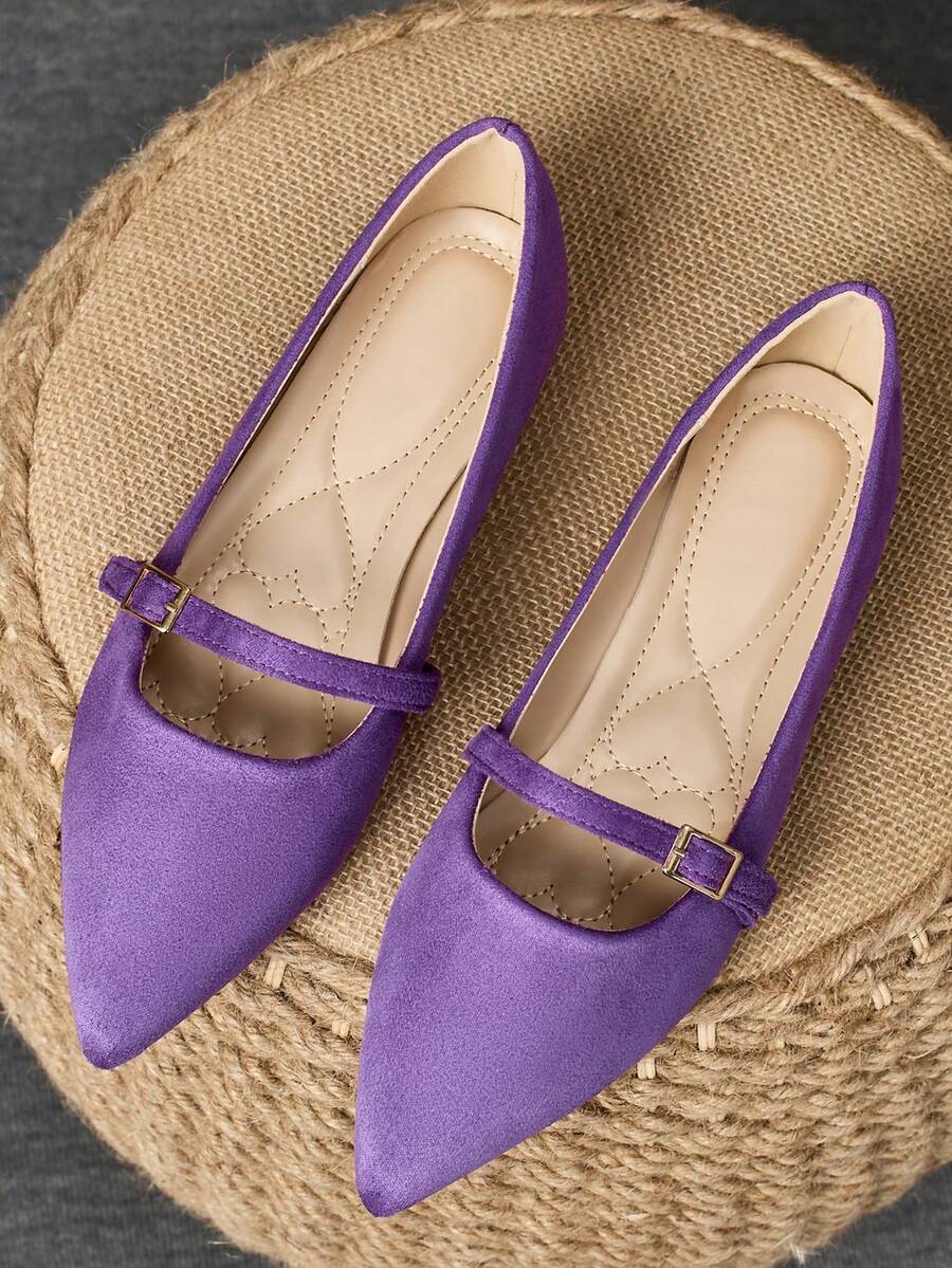 Giày Mary Jane nhung tím kiểu retro dành cho nữ, mũi nhọn, quai cài, đa năng, phù hợp với váy, đi làm và mặc hàng ngày. - Màu tím - Xem 1