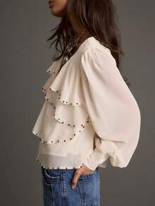 Solid Color Faux Pearl Beaded Ruffle V-Neck Casual Long Sleeve Blouse Spring - Ivory - View 6