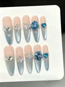 10PCS Stiletto Handmade Press On Nails, Y2K,Summer Vacation, Graduation Season, World Cup, Spring And Summer,Suitable For Girls And Women Festivals Parties And Music Festival,Valentine's Day Mother's Day Gift. - Dusty Blue - View 11