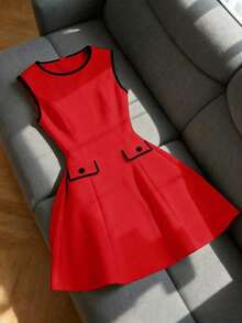 Vestido de mujer casual, minimalista, elegante y romántico con cuello redondo sin mangas, cintura recogida y corte evasé con bloques de color - Multicolor 2 - Ver 1