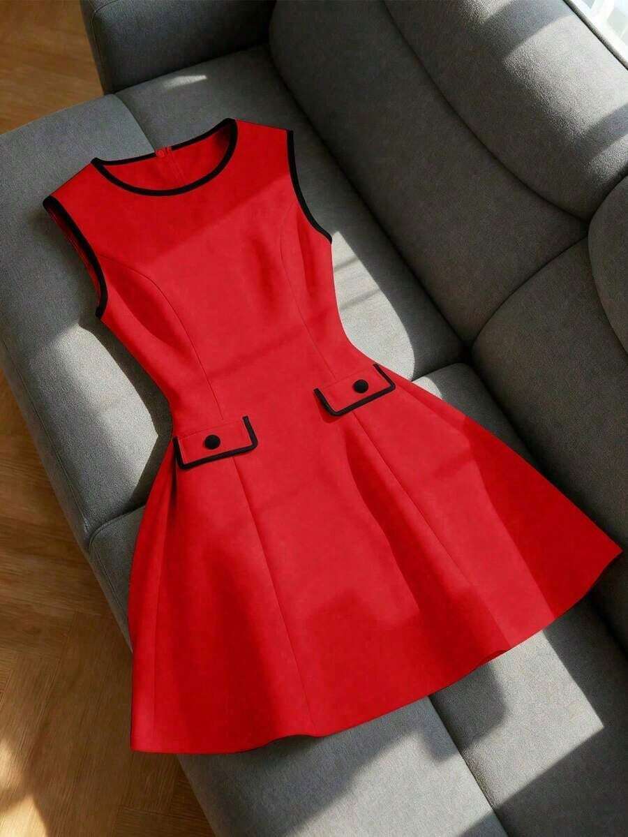 Vestido de mujer casual, minimalista, elegante y romántico con cuello redondo sin mangas, cintura recogida y corte evasé con bloques de color - Multicolor 2 - Ver 1
