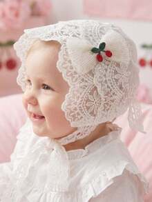 1pc Vintage Embroidered Bonnet, Regal Style, 6-24 Months (Beige/White) - Cherry - View 6