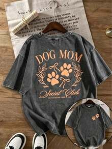 1pcs Women's Vintage Washed Soft Anime & Dog Mom Graphic T-Shirt,Paw Print & Social Lettering, Pet Lover Top-Back To School Shirt - Black 2 - 查看 14