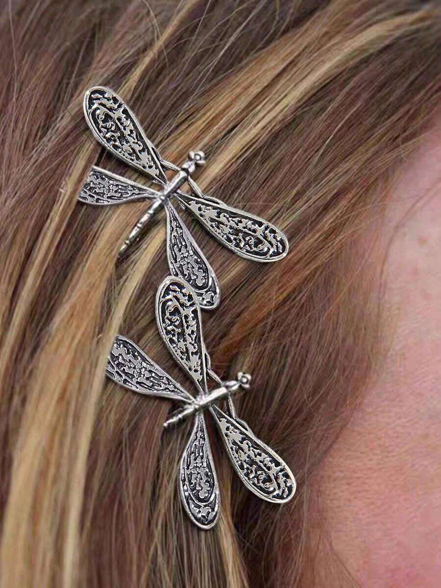 2 Pcs Women's Vintage Silver Dragonfly Hair Clips, Personalized Side Bang Clips, Daily Small Hairpins, School Stuff, Bobby Pins, Hair Accessories, Head Accessories, Hair Accessories For Women - 復古銀色 - 查看 1