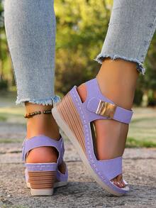 Plus Size Women's Retro Solid Color Buckle Platform Wedge Sandals,Summer Sandals - Purple - View 6