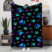 Comfortable And Colorful Neon Turquoise And Purple Dog Paw Print Flannel Blanket - Soft And Warm, Suitable For All Seasons, White Bedspread With Turquoise, Purple, Blue, And Pink Paw Prints, Perfect For Sofas, Camping, And Travel - Ideal Gift For Pet Lovers (Birthdays, Christmas).Decor For Bedroom,Bedroom Decor Items,Room Decor - White - View 2