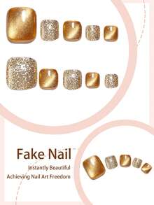 10pcs/Set Women's Gold Glass Bead Cat Eye Gold Glitter Full Cover False Nails, Including 1pc Sticker And 1pc Mini Nail File, Suitable For Daily Wear, Random Delivery Of Jelly Glue - Gold - View 2
