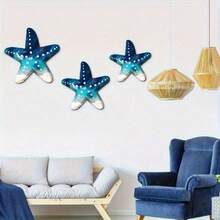 This 3pcs Wooden Starfish Wall Panel, Decorated With Ocean-Themed Blue And White Polka Dots, Is Suitable For Wall Decoration In Living Rooms, Bedrooms, Bathrooms, Kitchens, Gardens, Patios, And Farmhouses, Creating An Ocean-Themed Home Decor. - Multicolor - View 1