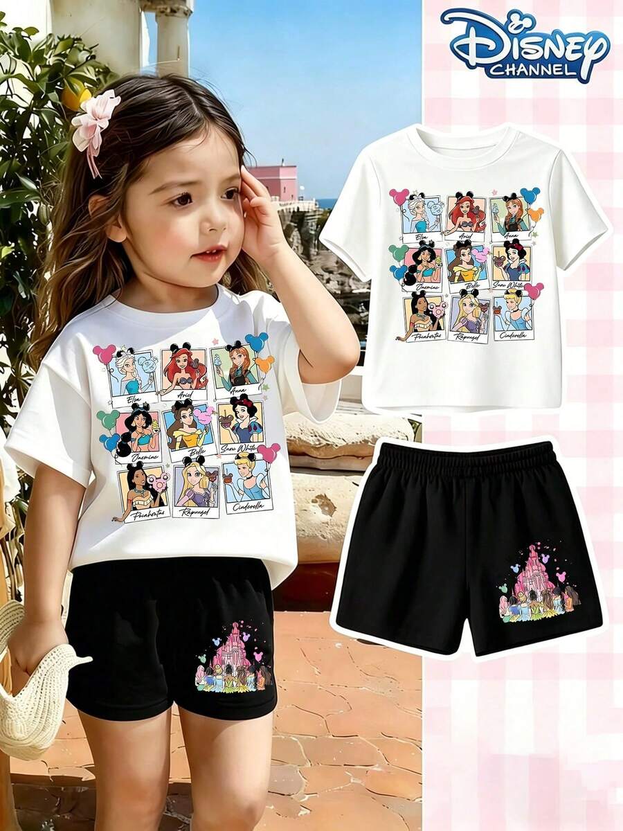 Disney Princess Toddler Girl 2-Piece Outfit Set, 6 Months-3 Years, Short Sleeve T-Shirt & Shorts With Elsa, Ariel, Belle Print, Summer Casual Playwear Express Delivery - 白衣黑褲 - 查看 1