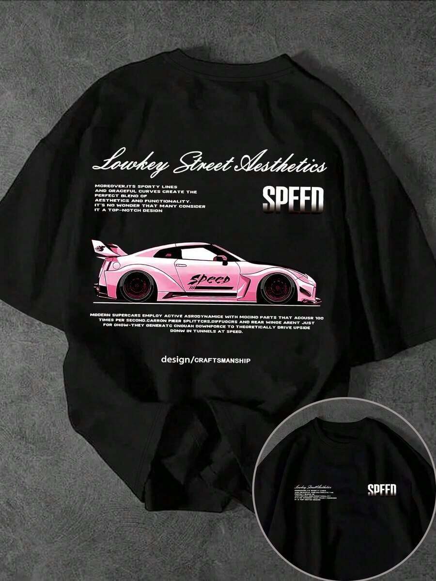 Manfinity Dauomo Camiseta de manga corta de cuello redondo con eslogan y gráfico de automóvil, de uso casual y versátil para uso diario - Negro 2 - Ver 1