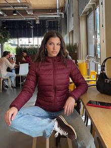 Women's Long Sleeve Hooded Down Jacket, Regular Length, Warm Padding, With Pockets And Zipper - Burgundy - View 2