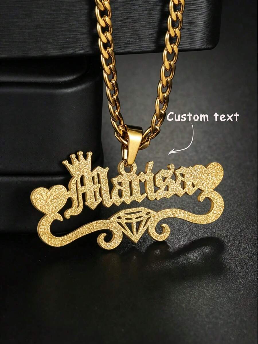 1pcGold Matte Custom Name Necklace Crown+Double Hearts+Diamond Decoration Pendant With Customizable Lettering Exclusive Cuban Chain Collarbone Chain Titanium Steel Stainless Steel Material No Fading Anti Allergic Hip-Hop Y2K Style Street Versatile Stacking Accessories - Frosted Necklace - View 1