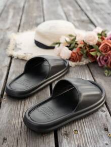 Teens' Flat Slip-On Slippers, Comfortable Soft Sole Solid Color Open Toe, Casual Fashion Beach Indoor Daily Wear Shower Sandals, Suitable For All Seasons - Black - View 6