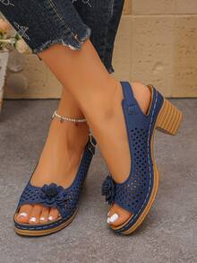 Giày sandal cao gót nữ khoét rỗng họa tiết hoa, màu trơn, phong cách Bohemian thanh lịch, thể thao, nghỉ dưỡng, thời trang tiên phong, retro gợi cảm, kiểu dáng cut-out, thích hợp cho kỳ nghỉ, đám cưới, trường học, du lịch, tiệc tùng, văn phòng, hoạt động ngoài trời, mùa hè, đế platform. - Màu xanh hải quân - Xem 6