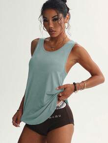 Solid Color Hollow Out Sports Tank Top, Fitness Workout Vest - Mint Green - View 5