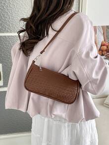 Bolso de hombro en forma de media luna de gran capacidad, con textura tejida, de estilo minimalista y elegante, de moda coreana para la primavera de 2026 - Marrón - Ver 4