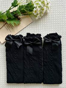 3 Pairs Black Bow Knee High Socks, Heart Pattern Thigh High Socks Without Heel, Versatile Style Suitable For All Ages - Black - View 5