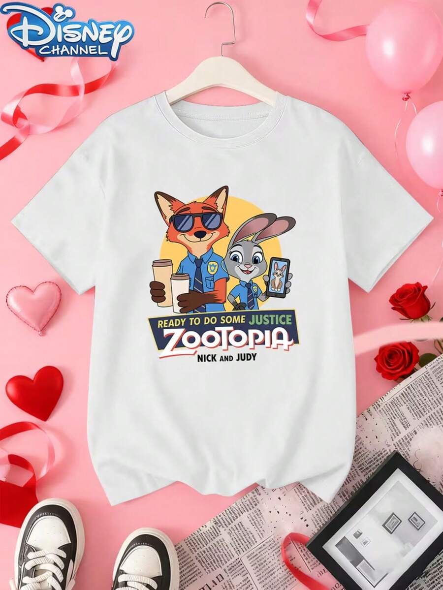 Genuine Disney Authorized Zootopia Nick & Judy To Print Casual Ladies' T-Shirts, Suitable For Spring, Summer And Autumn, And The New Casual Versatile Retro T-Shirts For Men And Women. - White - View 1