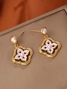 2 piezas Pendientes de gota de estilo de pintura al óleo vintage con forma de rombo, pendientes elegantes de alta moda de estilo retro francés para mujeres - Dorado - Ver 5