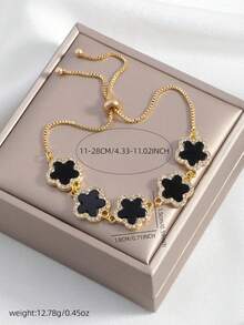 1pc Fashion Lucky Four-Leaf Clover & Flower Adjustable Pull-Chain Bracelet For Women (No Gift Box) - Bracelet - View 3