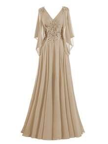 Chiffon Mother Of The Bride Dress, V-Neck Cape Sleeve Beaded Sequin Embroidered A-Line Maxi Dress With Slit, Elegant Wedding Guest & Formal Evening Dress For Women - Rượu sâm banh - Xem 1