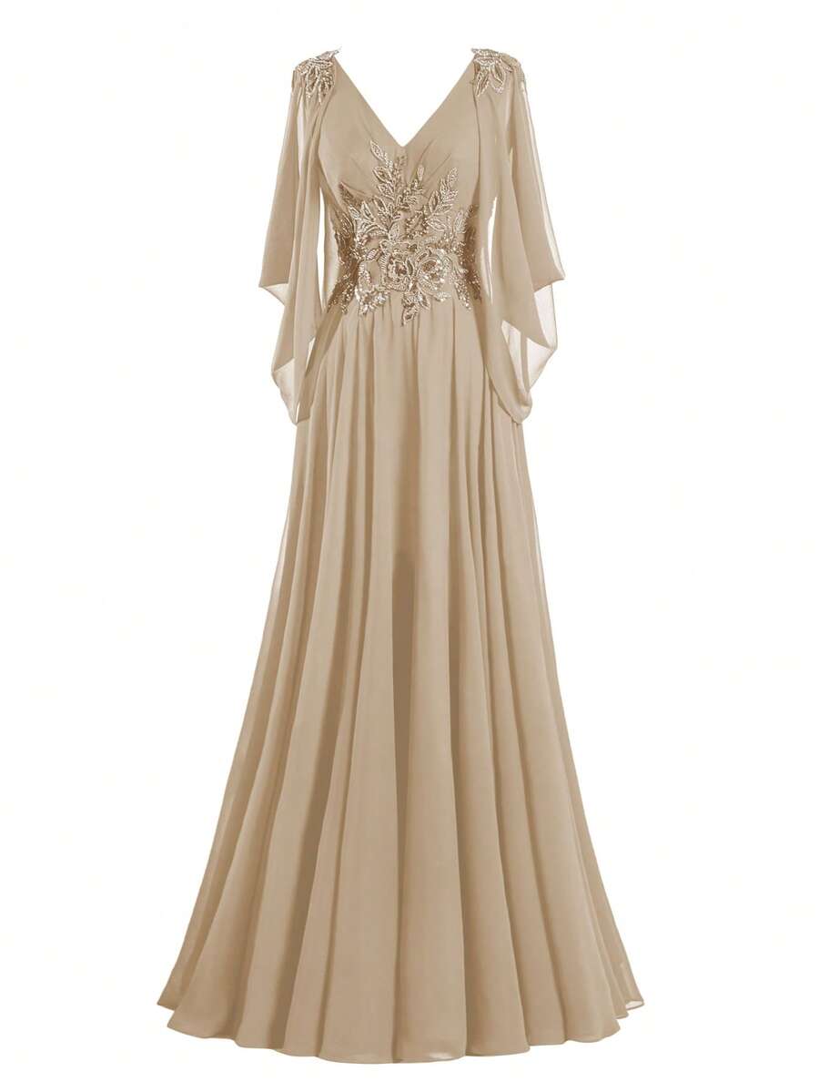 Chiffon Mother Of The Bride Dress, V-Neck Cape Sleeve Beaded Sequin Embroidered A-Line Maxi Dress With Slit, Elegant Wedding Guest & Formal Evening Dress For Women - Rượu sâm banh - Xem 1