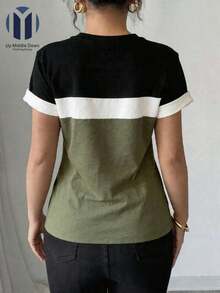 Casual Loose-Fitting T-Shirt With Color Blocks For Summer - Black - View 3