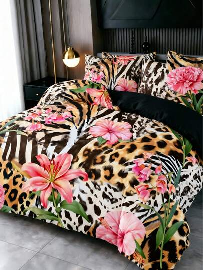 3Pcs Boho Safari Animal Leopard & Zebra Stripes With Pink Hibiscus Lily Floral Duvet Cover Set Farmhouse Style Print Duvet Cover Bedding Set Duvet Cover ,Pillow Cover Pattern Is Random ,Duvet Cover Set (1 Duvet Cover + 2 Pillowcase Without Pillow Insert), Bedding Set, Soft Warm And Cozy Bedding Set For Bedroom, Guest Room, Dormitory Decoration Set Rose Plant Print Soft Skin-Friendly Luxury Bedding
