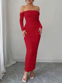 PRETTYGARDEN Womens  Fall Long Sleeve Maxi Dress Off Shoulder Mesh Ruched Bodycon  Long Wedding Guest Christmas New Years Valentine Vacation Dresses For Women Elegant - 紅色 - 查看 4