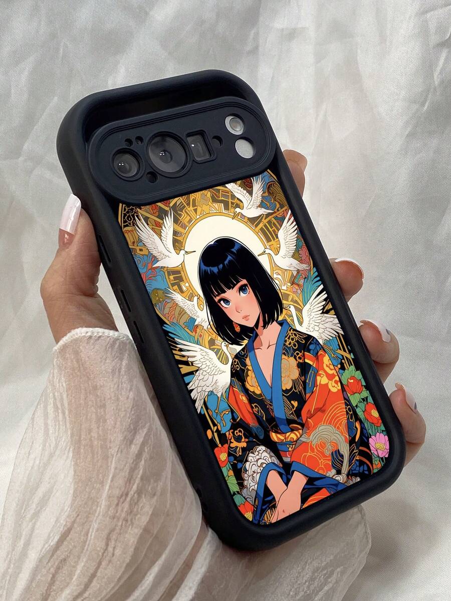 NR12 鶴を持ったアニメ少女,対応するPixel 10 9 8 Pro 9A 8A ケース、対応するiPhone17 16 15 14 13 12 11 Pro Max 7 8 16 15 14 Plus 16e 17e 17 Air ケース、フルカメラ保護ソフト TPU ケース、キャンディカラーエンジェルアイラダーマットシリコン肌に優しいタッチフォンケースカバー（女性＆女の子向け） - ブラック - チェックする 1