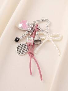 1pc Y2K Style Cute Pink & White Bag Charm, Faux Pearl Bow, Resin Heart, Feather Badminton Racket Pendant, Alloy Heart Carabiner, Suitable For Students, Women, Daily Commute, Key Chain Accessory Festival Graduation Teacher Appreciation Gifts Birthday Gift Mother Gifts Mothers Day Gift Holiday Essentials Graduation Gifts Key Ring Charms KeyChain Accessories - Multicolor - View 5