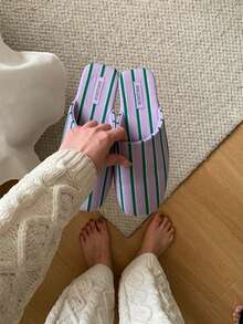 XIXITIAO Minimalist Japanese Style Striped Closed-Toe Slippers, Comfortable Versatile Casual House Slippers, Lightweight Thin-Sole Flat Sandals - Green and Purple - View 8