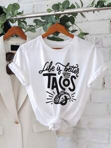 Camiseta Oversize Blanca Con Estampado Life Is Better With Tacos Para Verano - Blanco - Ver 2