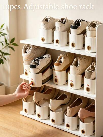 10pcs Shoe Rack, Vertical Stripe With Gold Rings, Fashionable Color Scheme. Space-Saving, Solves Clutter, Fits Various Shoe Types. Foldable, Stackable, Combinable, Suitable For Living Room, Dorm, Closet. Durable PP Material, Supports High Heels & Sneakers Firmly, Essential Tidy Storage - & Halloween Gift