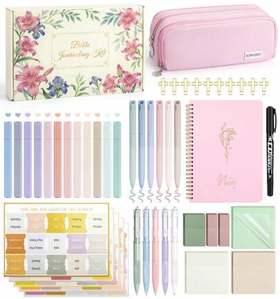 pindda 47Pcs Bible Study Supplies, Bible Journaling Kit For Women, Pink Pencil Case, 12 Pastel No Bleed Highlighters And 6 Colored Pens, Bible Tabs And More, Book Annotation Kit For Women & Men (Pink)