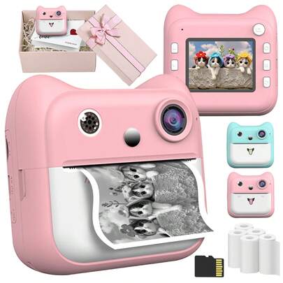 Instant Print Camera For Adults, 1080P HD Digital Camera & 2.4 Inch Screen With Zero-Ink Printing Technology | 3-In-1 Portable Photo Printer With Fun Filters And Built-In 1300mAh Battery For On-The-Go Memories | Gift For Travel, Christmas, Birthdays, And Parties - Blue/Pink, Portable Camera, Toy Camera[Upgrade Package:Camera +5 Printer Paper +Small Packet Sets & Camera+ Memory Card, Bag, 5 Rolls Print Paper And Gift Box]