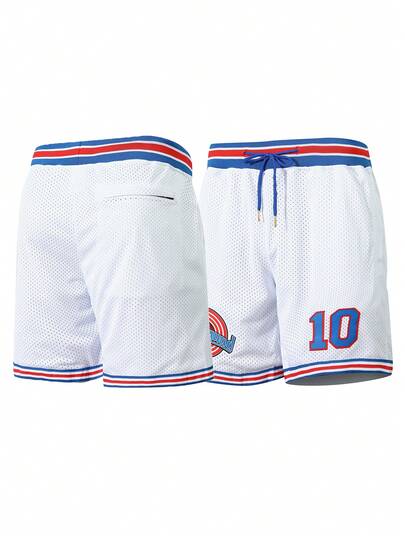 10 chiếc quần short bóng rổ nam màu trắng, quần thể thao thường ngày có thêu họa tiết, túi khóa kéo, thích hợp cho các bữa tiệc.