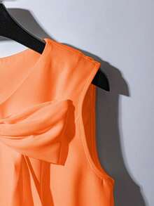 Vestido mini elegante sin mangas con cuello redondo, lazo en la cintura y lazada para mujer - Naranja - Ver 3
