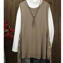 Plus Size Women Sleeveless Knit Vest, Side Button Loose Mid-Length Layering Tank Top Spring - Camel - View 5