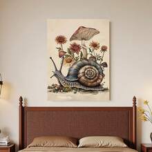 Framed [2D Flat] 1pc, 2D Flat, , Vintage Bohemian Style Snail Flower Mushroom Print, Melancholic Snail Wall Decor, Snail Print, Bohemian Floral Woodland Snail Cottage Style Wall Decoration, Interesting Canvas Wall Art, Suitable For Home Bedrooms - 有框畫 - 查看 3