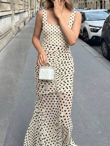 優雅波點方領無袖洋裝，適合派對、休閒、度假與約會 - 杏色 - 查看 3