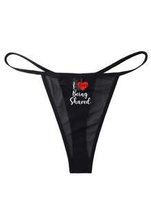 Sheer Mesh Women's Thong Tanga Panties, High Elastic & Snug Fit, "L LOVE BEING SHRAED" Graphic, Breathable Moisture, Wicking, Antibacterial Crotch, Smooth Friction, Reducing Edges, Sexy & Comfortable For Women's Lingerie Gift For Valentine's Day, Anniversaries, Bachelor Parties - 黑色 - 查看 3