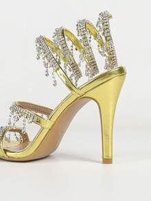 Women's Stiletto Heeled Sandals, Round Toe Fashion Strap With Rhinestone Snake Wrap Design, Basic Style For Summer & Autumn - Yellow - View 5