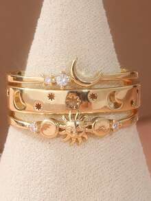 3件套新月形合成锆石戒指，手工半月形叠戴精致戒指，精巧月亮设计戒指，优雅宝石戒指，情侣戒指，送给她的礼物 - 金色 - 查看 11