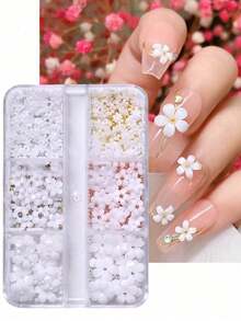6 Grids 3D Acrylic Flower Nail Art Decoration, White Flower Nail Charms Mixed Steel Beads Pearl Gems Floral Jewelry Nail Supplies Part Nail Accessories - trắng - Xem 5